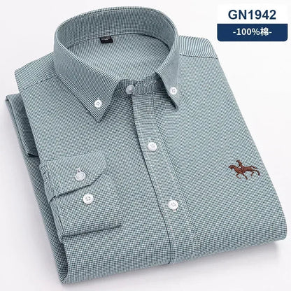 S~7XL 100% Pure Cotton Men's Long Sleeve Oxford Spinning Shirt Business Leisure Embroidery Pocket Slim Fit Button Style Soft Med