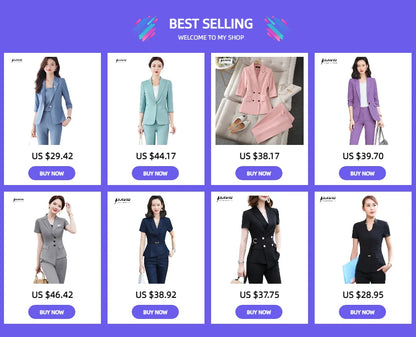 Naviu New Fashion Women Formal Suits Business Temperament Short Sleeve Slim Blazer and Trousers Office Ladies Work Wear