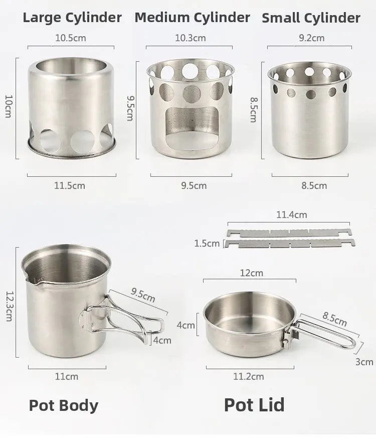 Portable Stainless Steel Wood Burning Camp Stove Set with 304 Cookware Pot for Outdoor Camping New
