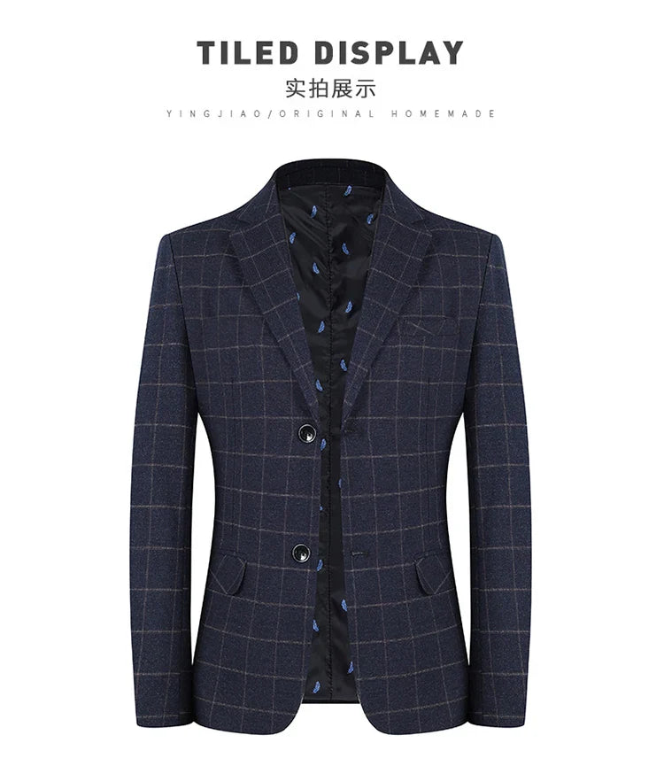 2024 New Spring and Autumn Coat Middle-aged Slim Fashion Handsome All Matching Plaid Suit Men Casual  Polyester  Blazer Mujer