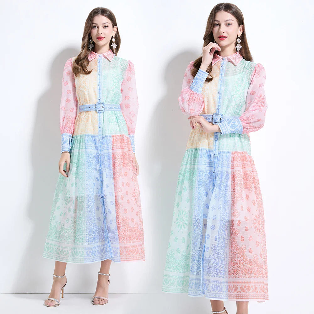 Spring Summer 2025 New Women Fashion Rainbow Print Elegant Shirt Long Dresses Vintage Single Breasted Party Dress Bohemian Trend