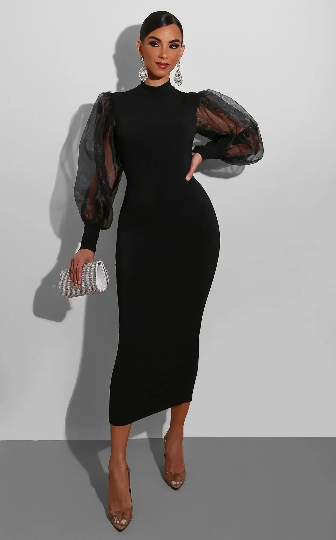 Elegant Spring Summer Dress for Women Long Sleeve Evening Gown Women Clothing Temperament Half High Collar Bodycon Dress Vestido