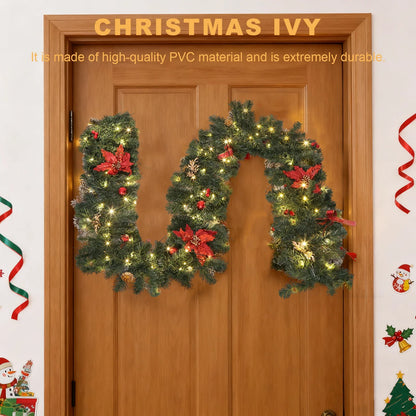2.7m LED Xmas Fireplace Decor Pre Lit Christmas Garland Door Wreath Pendant (E)