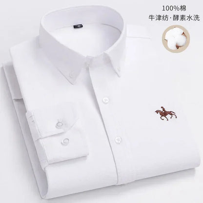 S~7XL 100% Pure Cotton Men's Long Sleeve Oxford Spinning Shirt Business Leisure Embroidery Pocket Slim Fit Button Style Soft Med
