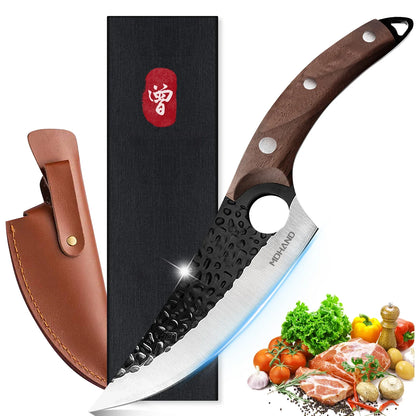 Hand Forged Stainless Steel Chef Knife – 4CR14 Steel, Rosewood Handle, PU Leather Sheath