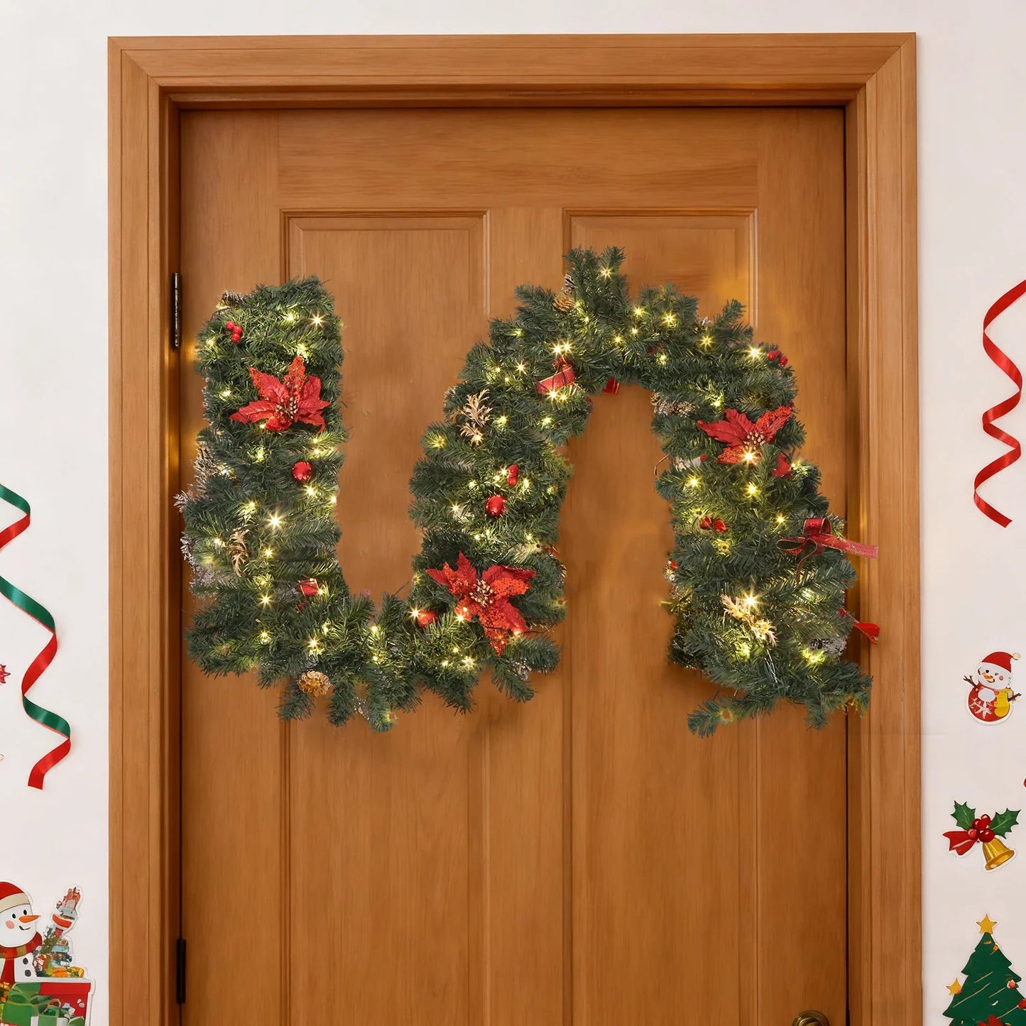 2.7m LED Xmas Fireplace Decor Pre Lit Christmas Garland Door Wreath Pendant (E)