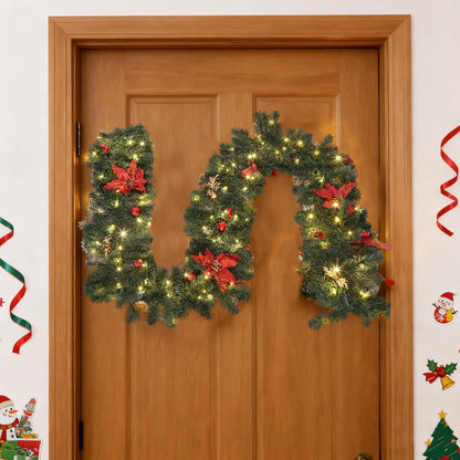 2.7m LED Xmas Fireplace Decor Pre Lit Christmas Garland Door Wreath Pendant (E)