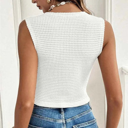 Summer Street Style Simple Casual Sleeveless Solid Color Women's Vest Versatile V-neck Slim Fit Elegant Button Up Short Top