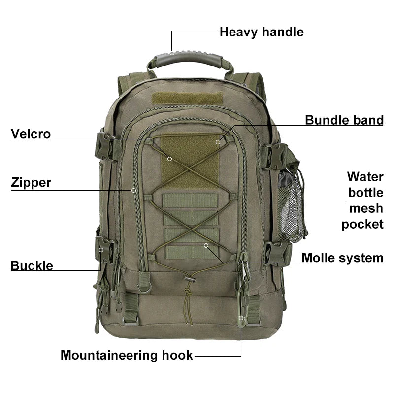 Tactical Backpack – 39–64L Expandable, MOLLE, Water-Resistant Nylon, 6 Colors
