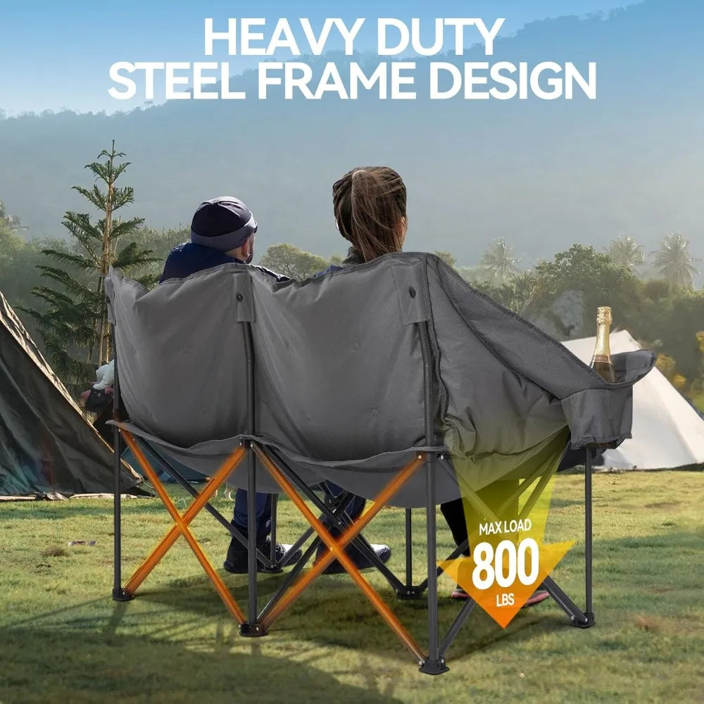 Double Camping Loveseat Chair – 800lb Capacity, Padded, Foldable with Cup Holders