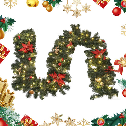 2.7m LED Xmas Fireplace Decor Pre Lit Christmas Garland Door Wreath Pendant (E)