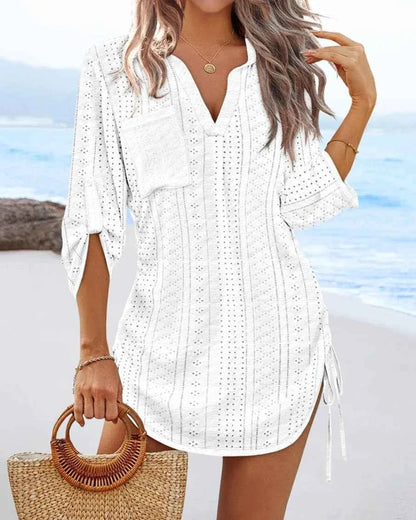 Women's V-Neck Hollow Out Beach Tunic - Lightweight Summer Cover Up with Side Tie Details