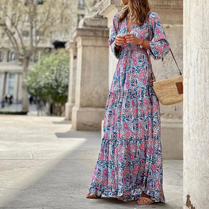 Elegant Women's Flower Long Dresses 2024 Spring New Bohemian Printed  Dress Abıye Kadın Abiye  Платье Robe Ete Femme Vestidos