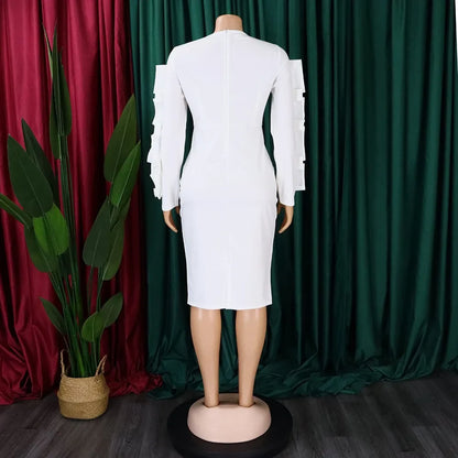 Elegant Office Dresses for Woman 2024 New O Neck Petal Sleeve Sheath Package Hips Mid Calf Formal Business Work Wear Dress Midi