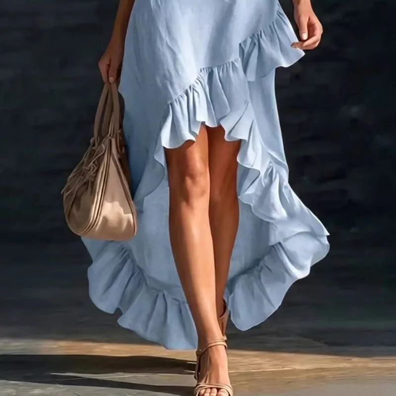 Summer Hot Casual Sleeveless Ruffle Bohemian Dress Women Sexy V Neck Solid Irregular Long Dress Spring Elegant Loose Party Dress