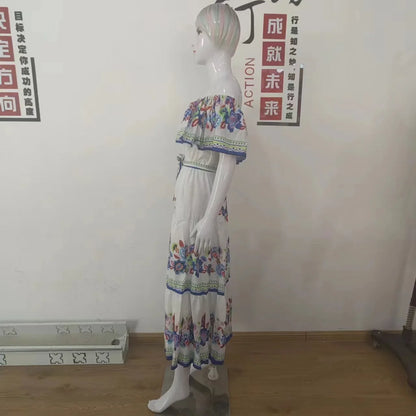 2024 Spring Summer Women's New Sexy One Shoulder Off Shoulder Fashion Red Flower Printed Lace Up Waist Long Swing Dress