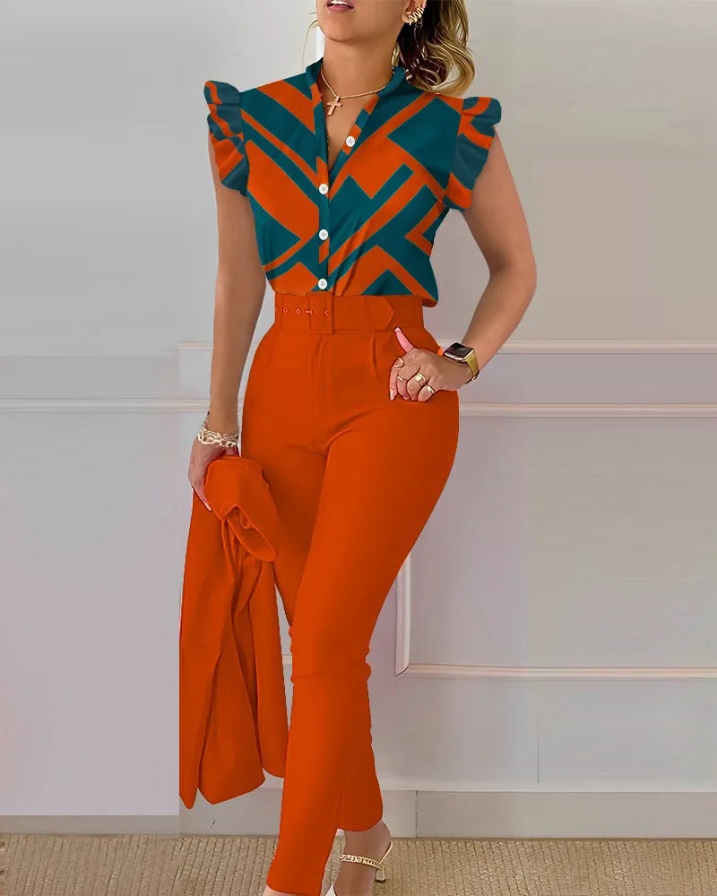 Elegant Women Two Piece Set Suits New Fashion Printed Ruffle Sleeve Top Solid Color Pants Set With Belt  Blouses Female Clothing