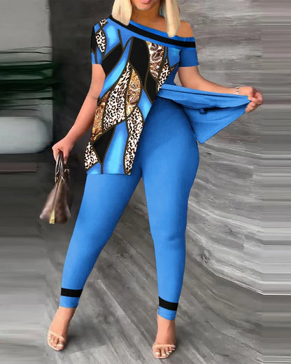 Elegant Women Two Piece Set Suits New Fashion Printed Ruffle Sleeve Top Solid Color Pants Set With Belt Blouses Female Clothing