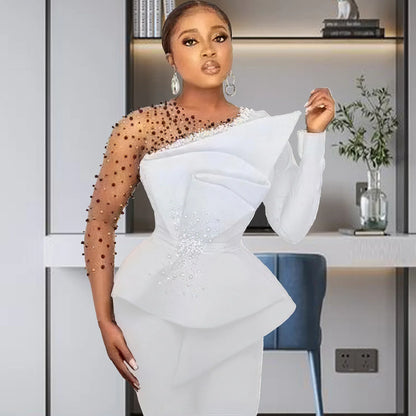 CM.YAYA Vintage Women  Beading Mesh Patchwork Ruffles Fan-shaped Blazer Tops and Pants Suit Two 2 Piece Set Outfits Tracksuit