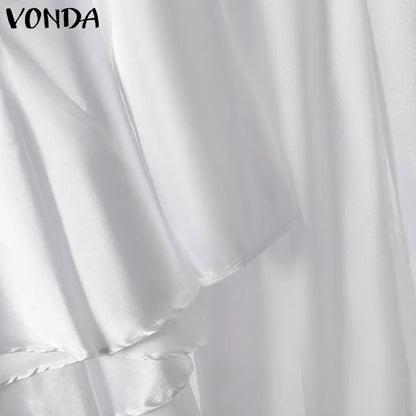 Plus Size VONDA 2024 Women Ruffled Sets Fashion Solid Color Suits Long Sleeve Irregular Top Patchwork Fitting Outfits 2pcs