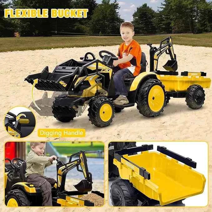 24V 3-in-1 Ride-On Tractor with Excavator & Bulldozer Modes — Kids Electric Construction Vehicle with Trailer, Digger, Shovel Bucket, Parent Remote Control, LED Lights, Music & USB, Battery
