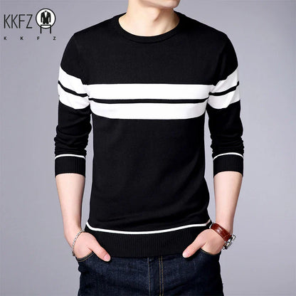 New Men's Casual Long Sleeved Striped Round Neck Knitted Sweater Comfortable Fashionable Breathable and Versatile Top