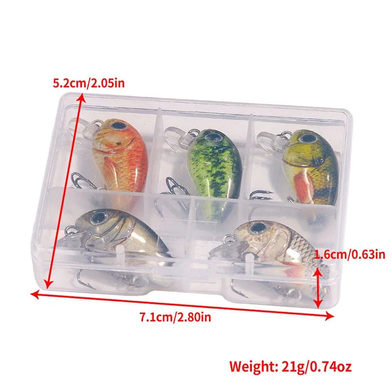 5Pcs 3cm Bass Fishing Lures Kit Topwater Crankbaits, Wobblers Swimbaits 1.5g/2g for Freshwater/Saltwater Light Fishing Tackle