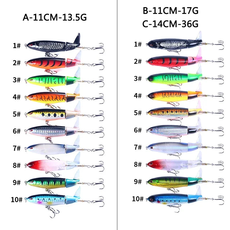 Topwater Popper Fishing Lure – 11cm & 14cm Hard Bait with Rotating Wobbler Tail