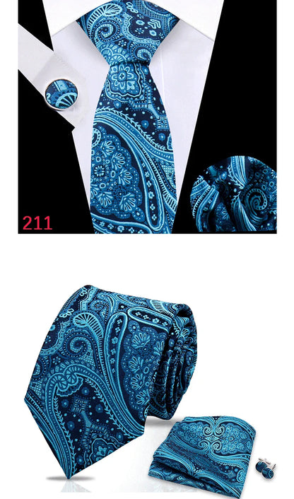 Luxury Plaid Tie For Mens Necktie Handkerchief Pocket Square Cufflinks Set Jacquard Woven Ties Wedding Business Accessories