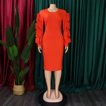Elegant Office Dresses for Woman 2024 New O Neck Petal Sleeve Sheath Package Hips Mid Calf Formal Business Work Wear Dress Midi
