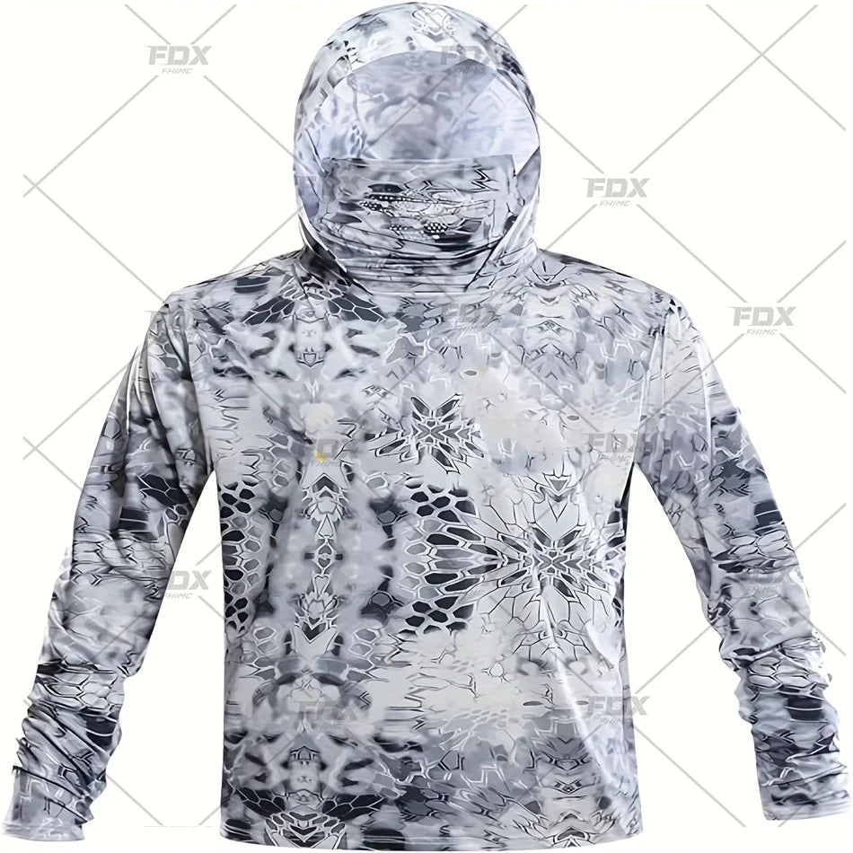 Army Green Camo Colorful Hoodie with Face Mask UV 50+Gaiter Fishing Clothing Men's Long sleeved Breathable Quick Drying T-shirt