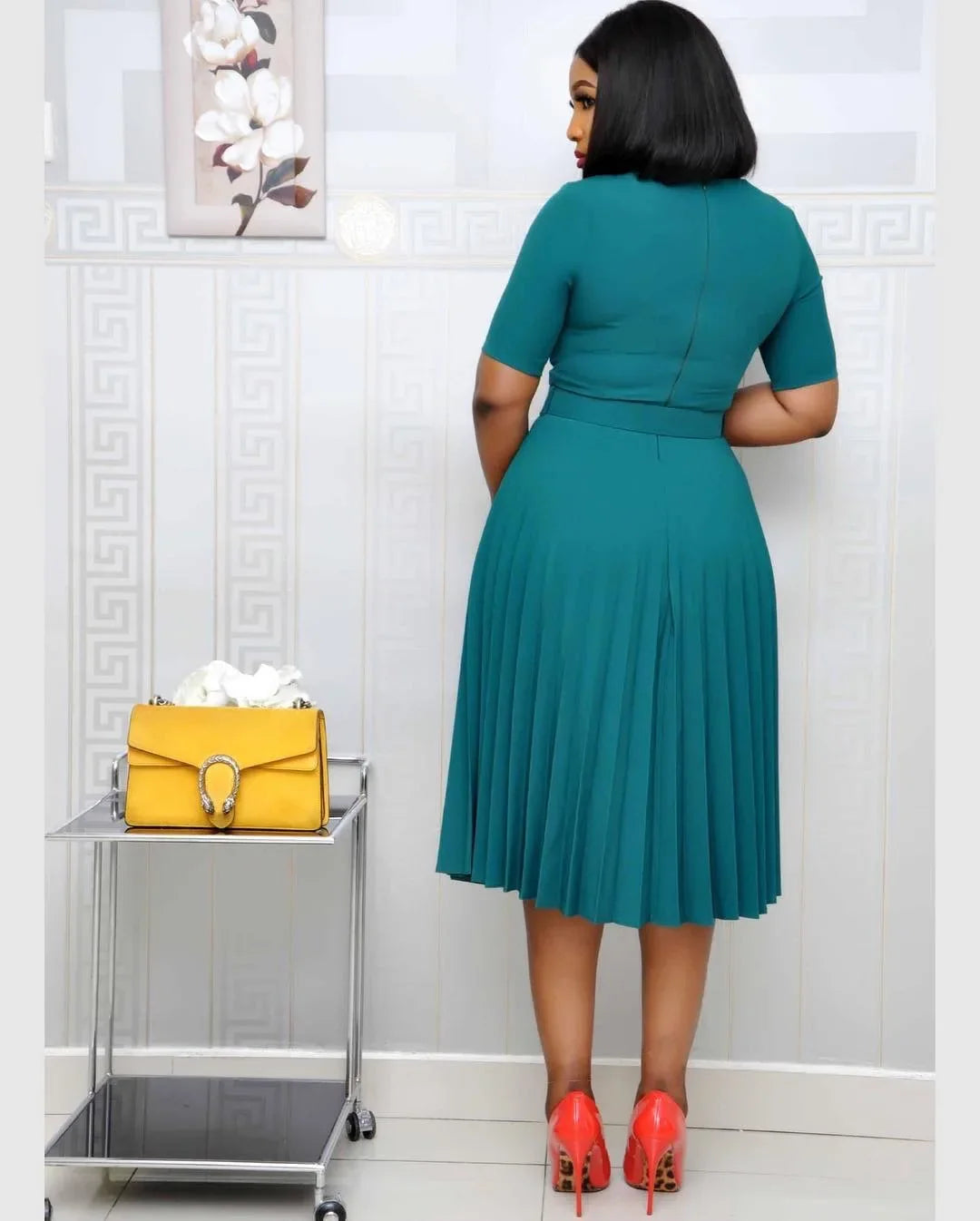 Summer Plus Size Pleated S-5Xl Dress Ladies O-Neck Short Sleeve Solid With Belt Mid-Calf Office Lady Elegant Dresses For Women