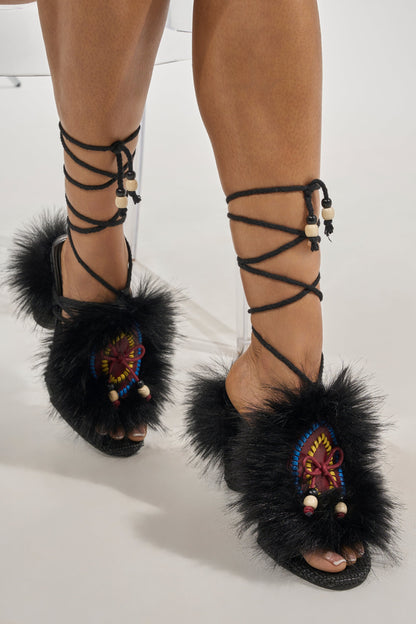 AKIRA GOLD UMIKA BLACK FUR BLOCK SANDAL