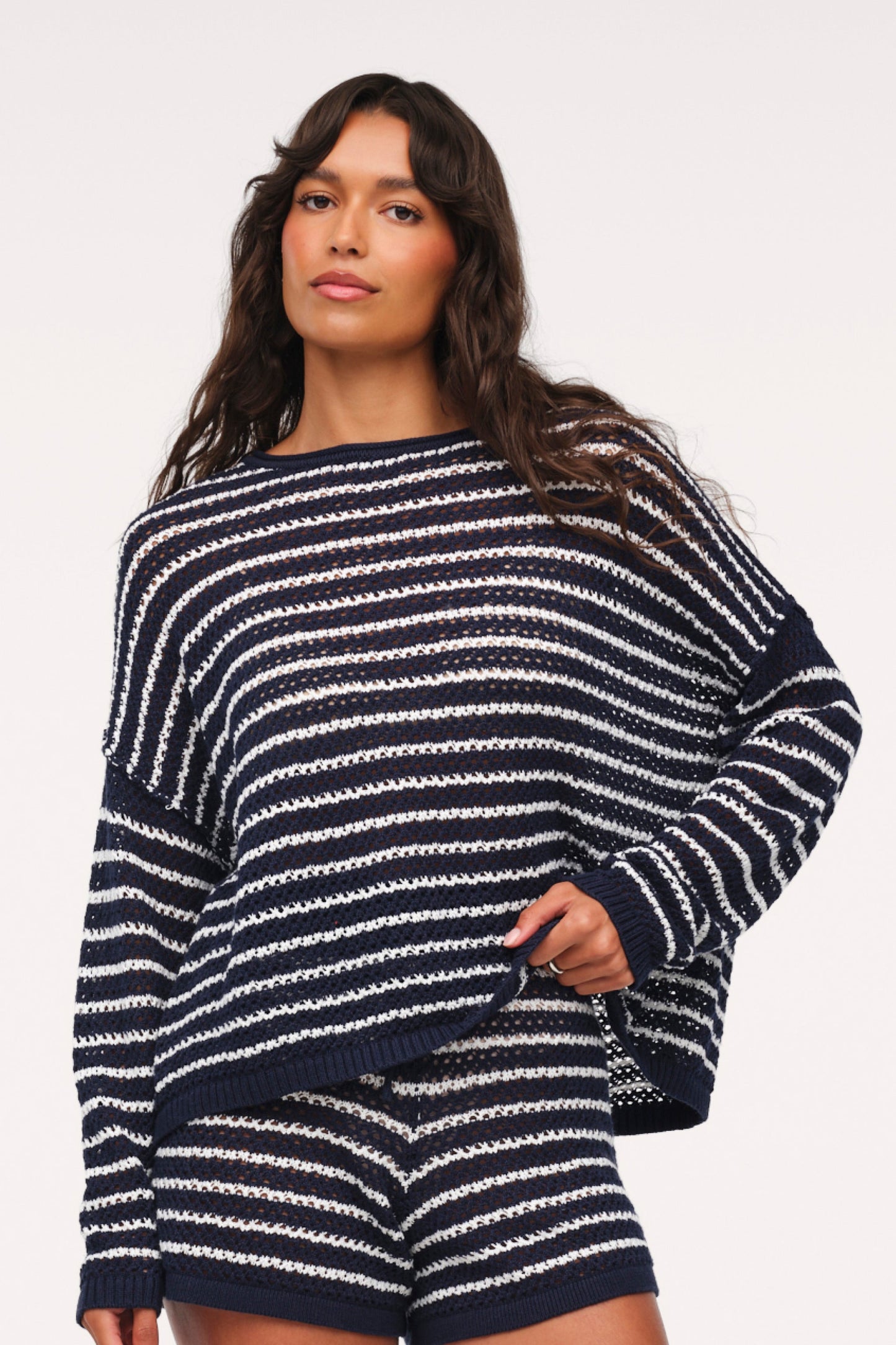 Cotton Crochet Sweater | Navy Stripe