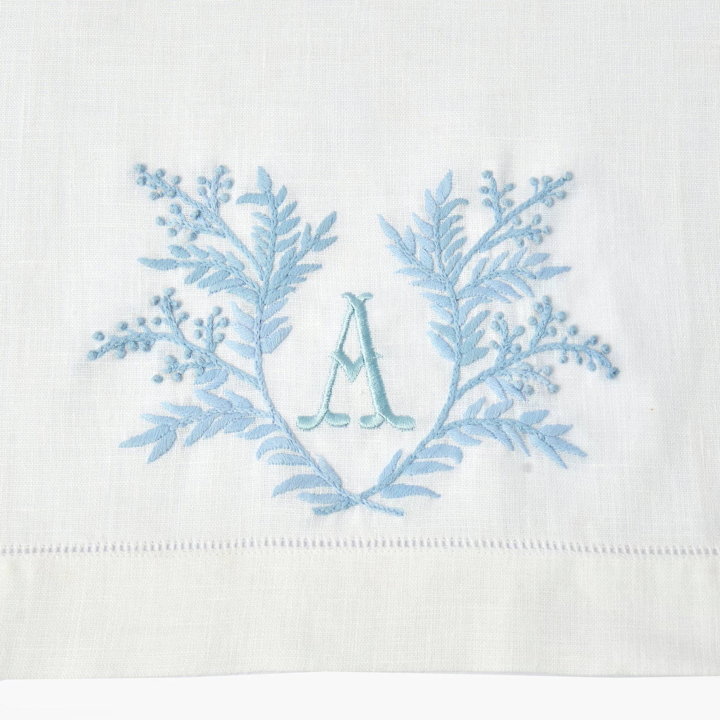 White & Blue Garland Embroidered Linen Hand Towel