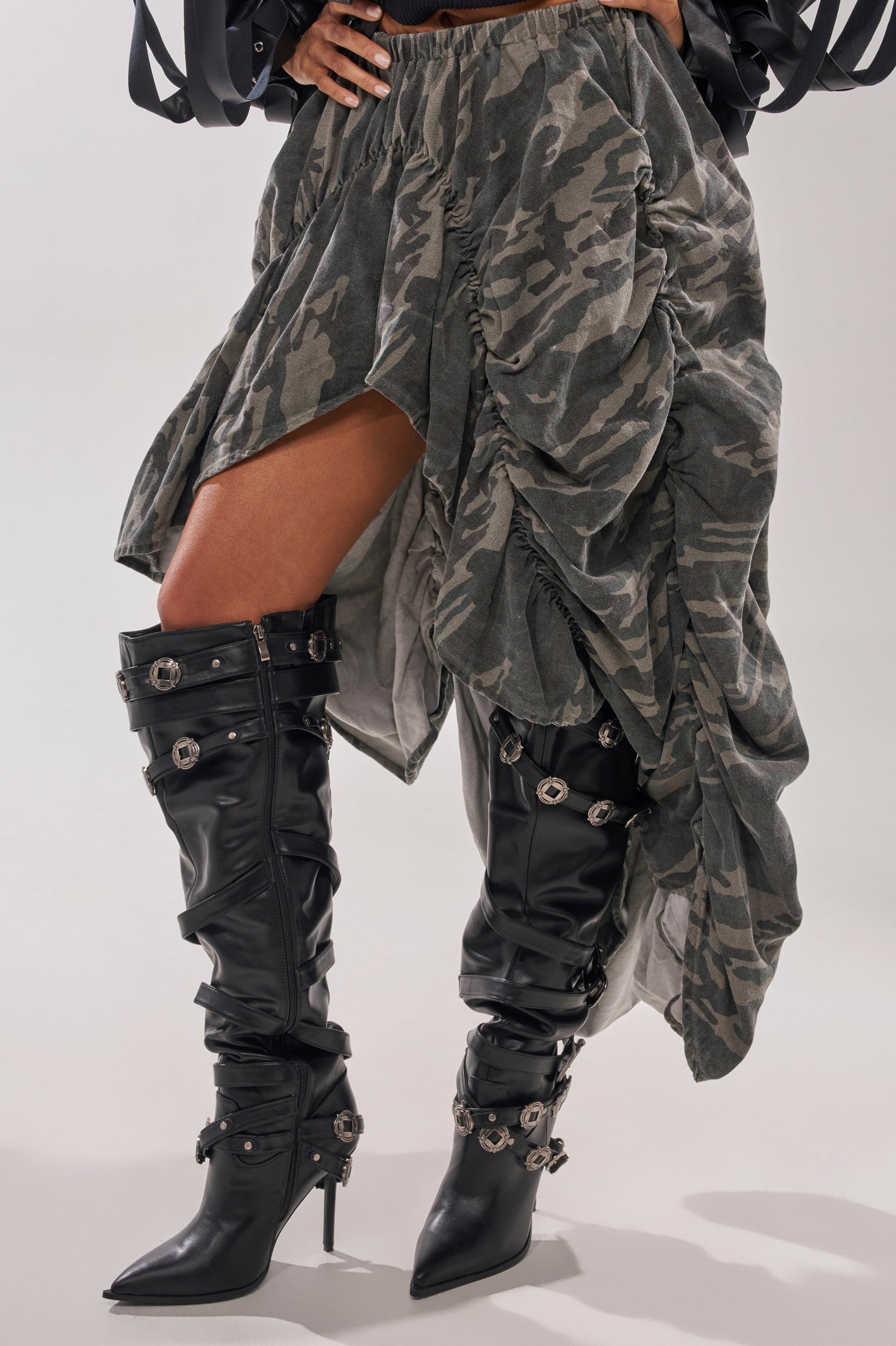 AKIRA GOLD XERXES BLACK STILETTO METAL EMBELLISHED BOOT