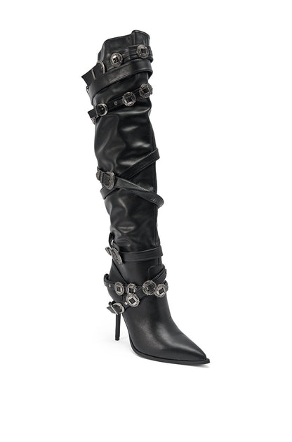 AKIRA GOLD XERXES BLACK STILETTO METAL EMBELLISHED BOOT
