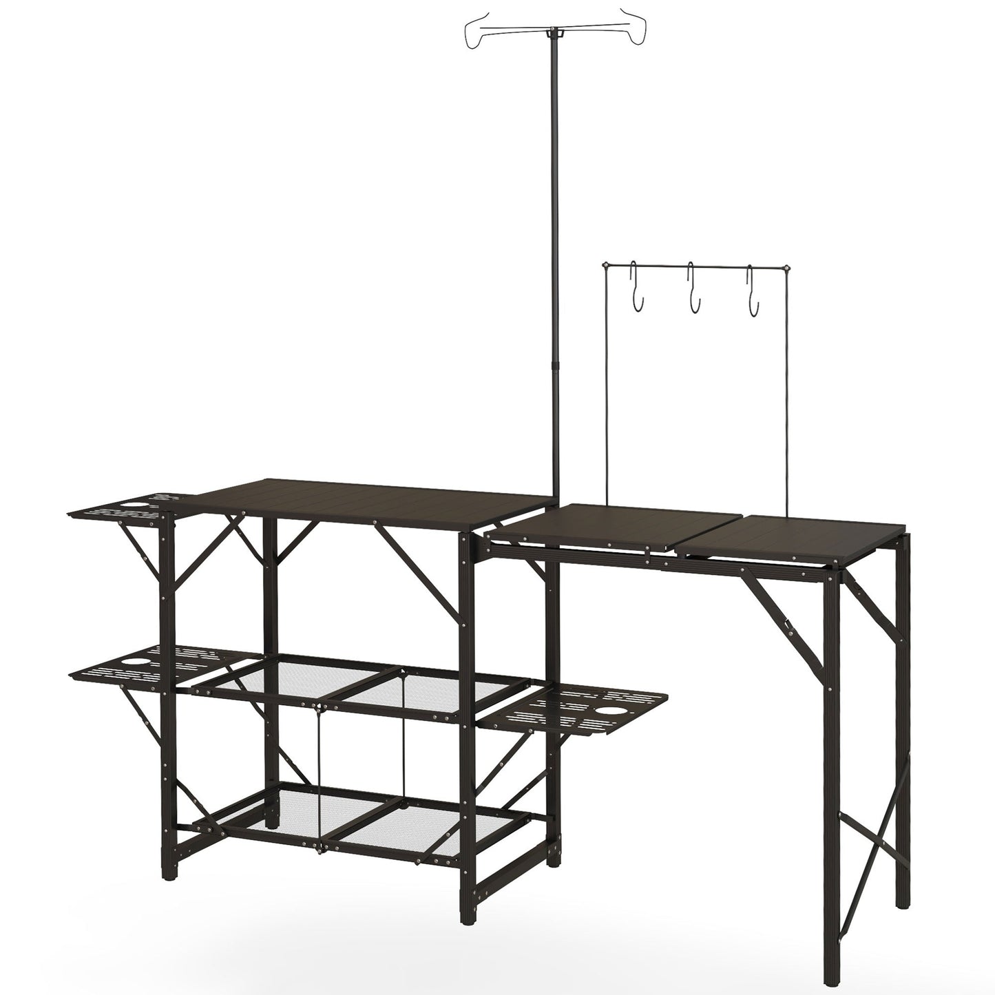 Folding Camp Kitchen Cooking Station with Lamp Stand, Shelves & Utensil Hooks