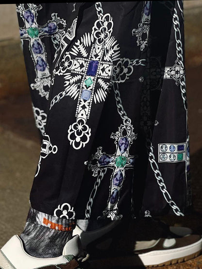 Black Cross Print Plaid Patchwork Wide-Leg Pants