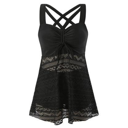 Women's Solid Color Lace One-Piece Swimsuit with Shorts – Korean Style