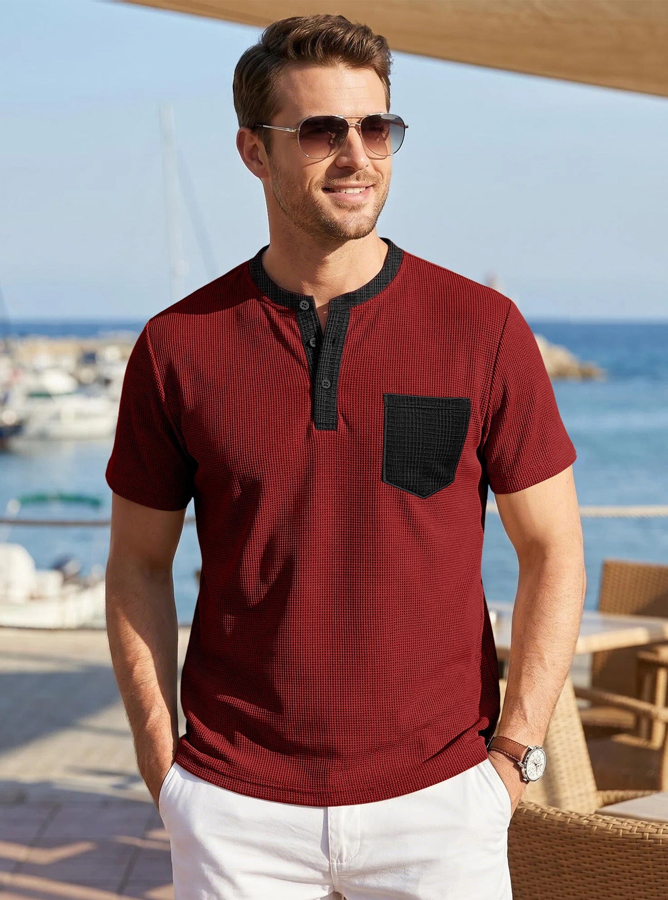 Men's Color-Block Waffle-Knit Henley T-Shirt with Chest Pocket – 6 Colors