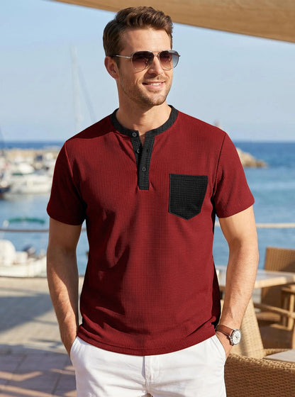 Men's Color-Block Waffle-Knit Henley T-Shirt with Chest Pocket – 6 Colors