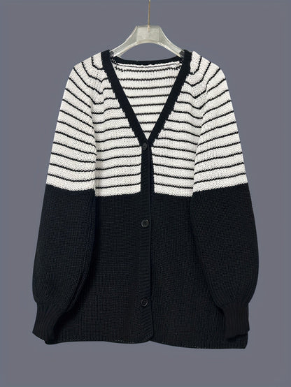 Women's Black & White Stripe Open-Front Knit Cardigan