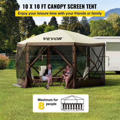 8-Person 6-Sided Pop-Up Gazebo Screen Tent – Waterproof Canopy with Mesh Windows & Carry Bag | 10×10 ft