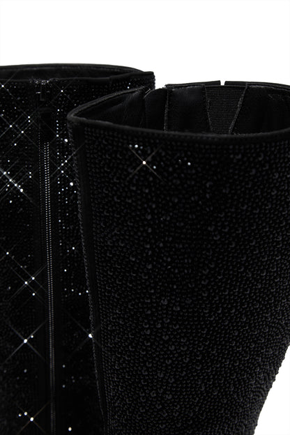 Elvia Embellished Kitten Heel Boots - Black