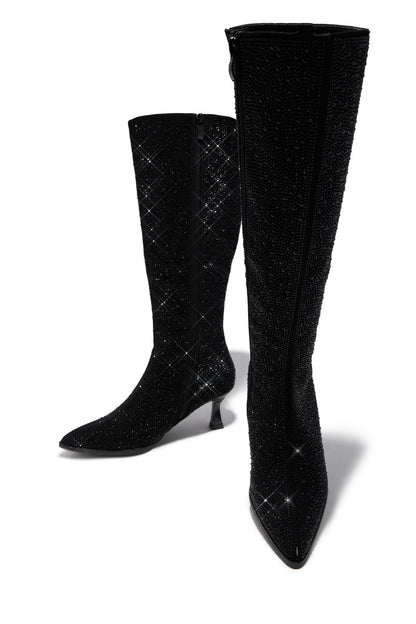 Elvia Embellished Kitten Heel Boots - Black