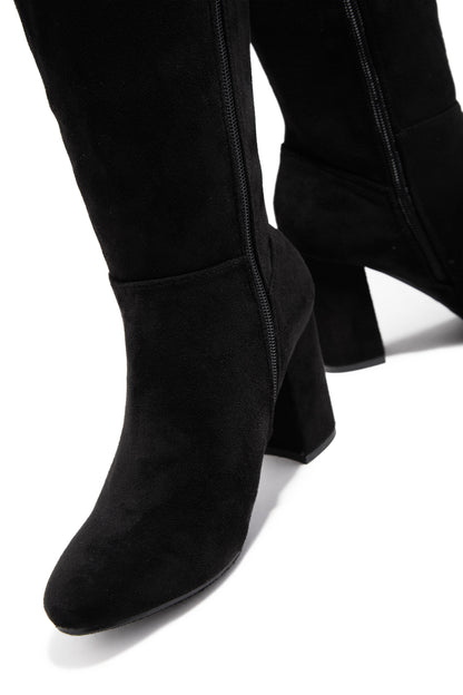 Colette Wide Fit Block Heel Boots - Black Suede