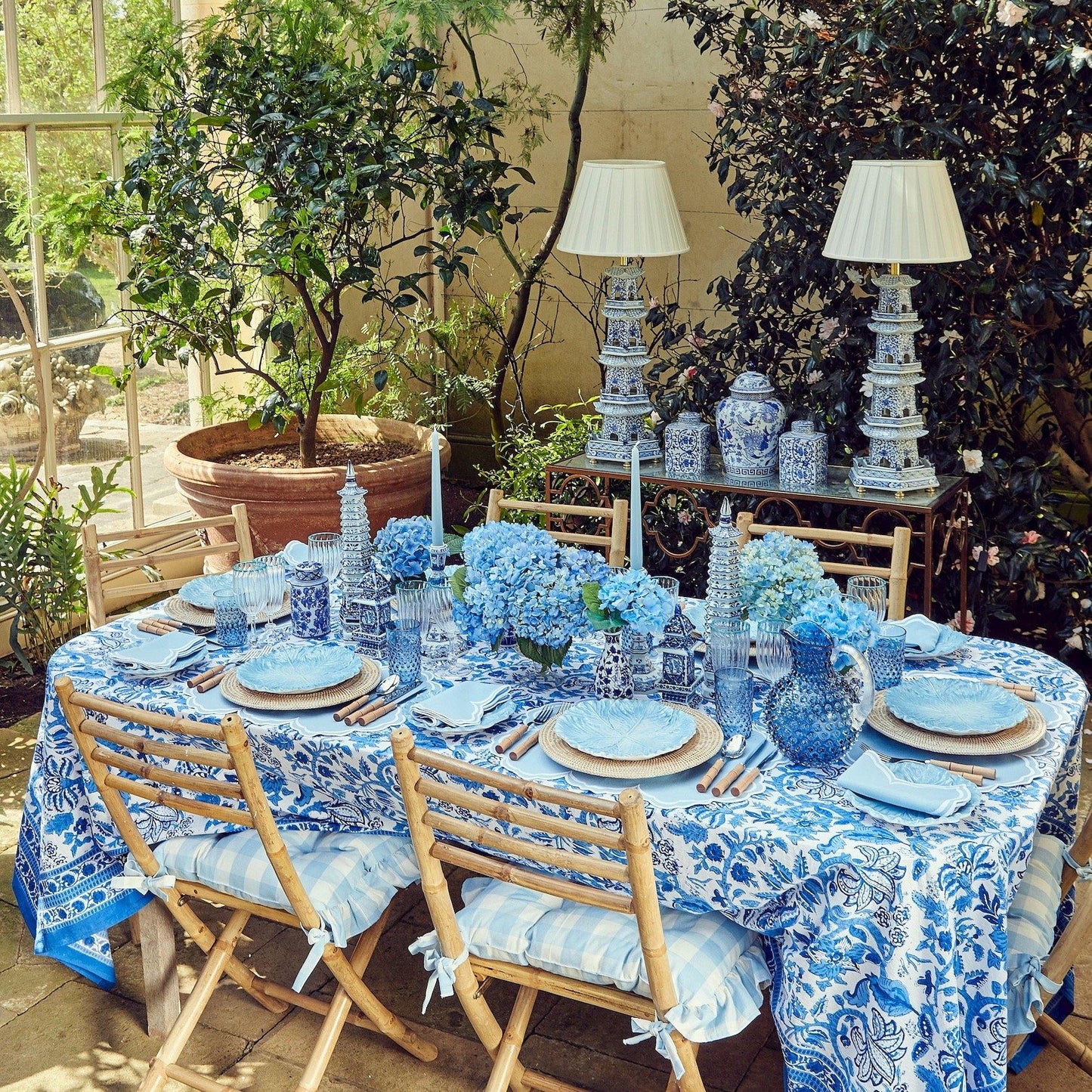 Blue Gingham Ruffle Seat Pad Cushion
