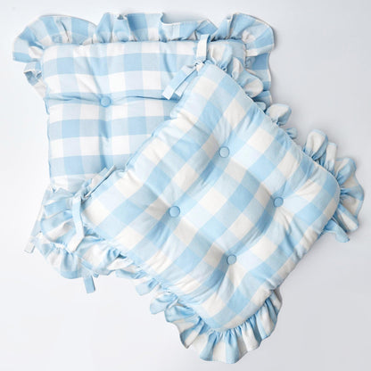 Blue Gingham Ruffle Seat Pad Cushion
