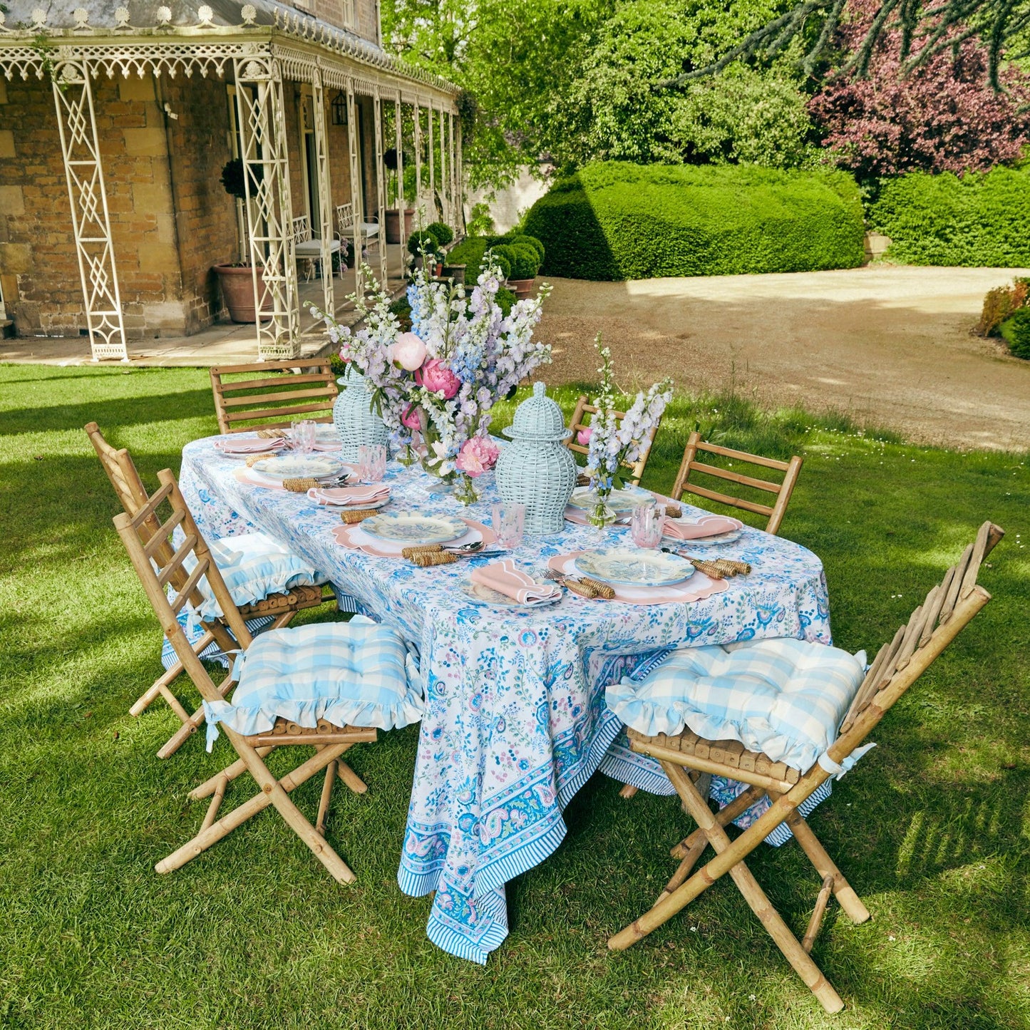 Blue Gingham Ruffle Seat Pad Cushion
